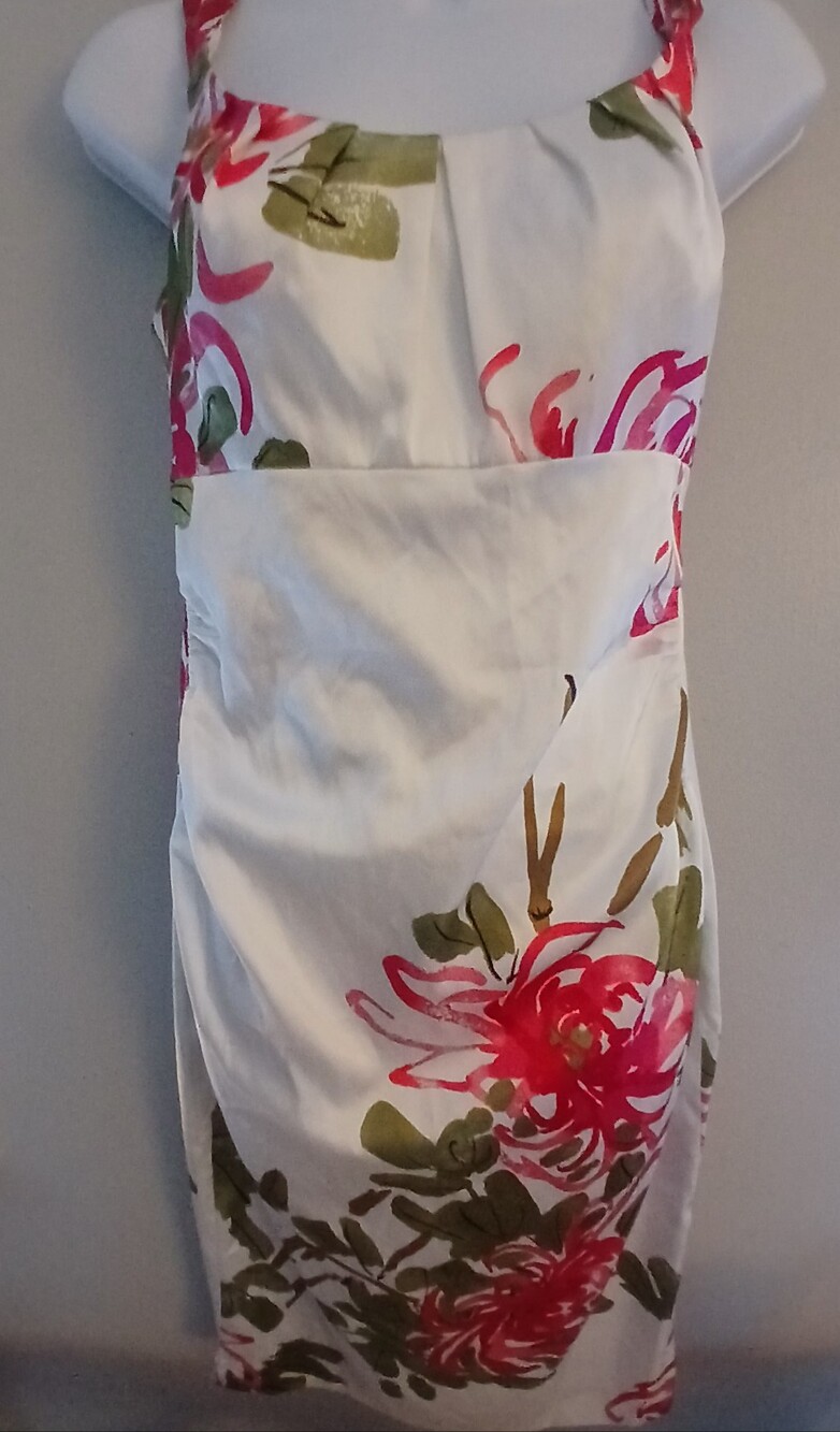 Maggy London White Pink Floral Midi Dress Back ZIip Sz 6 - Picture 2 of 9